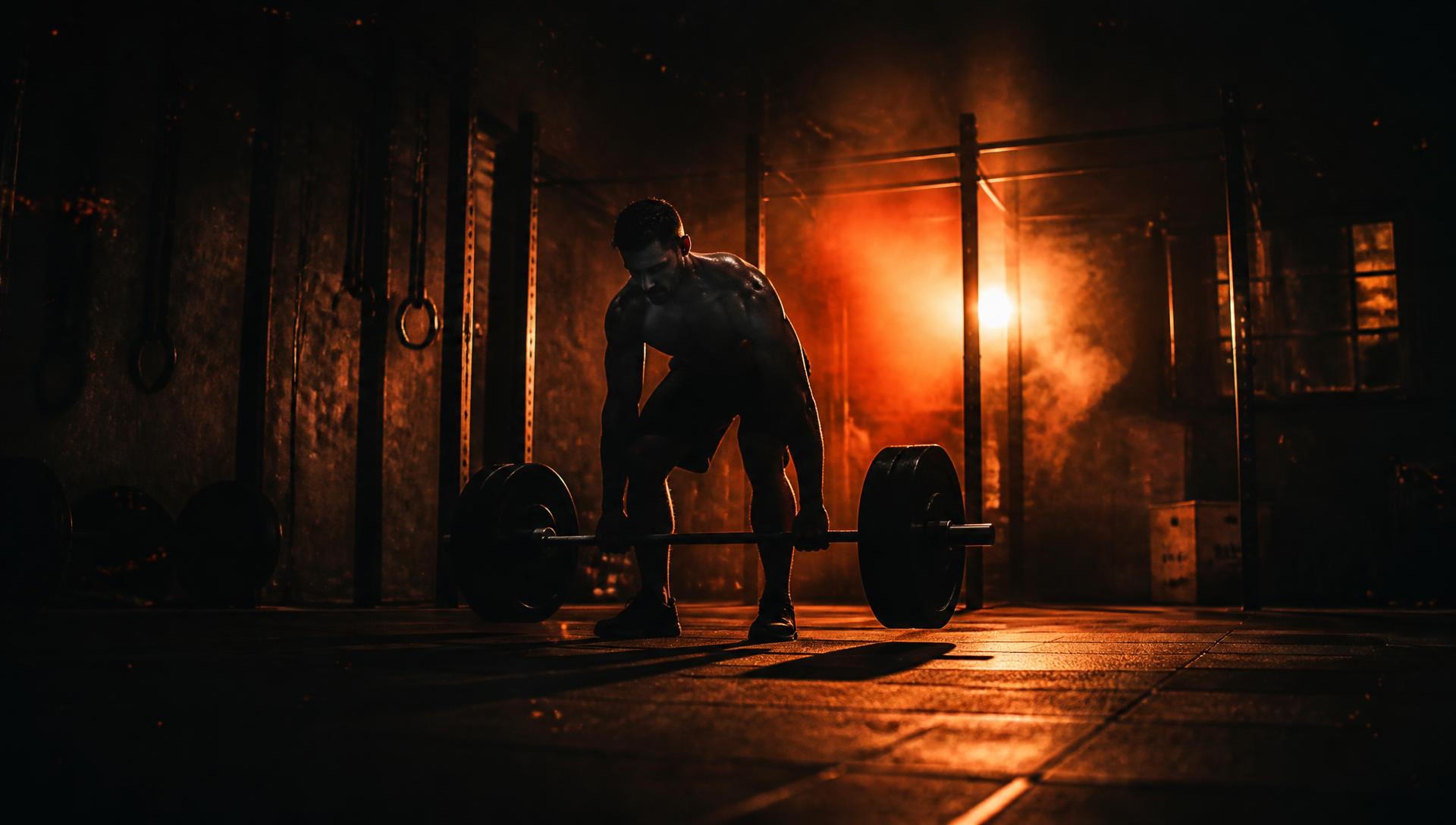 Athlet hebt eine Langhantel in einem dunklen Gym mit Gegenlicht